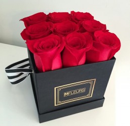 Raudonos rožės kvadratinėje dėžutėje